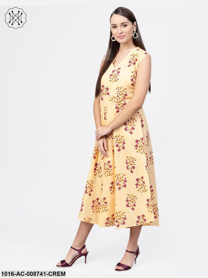 Cream Multi Coloured Floral Sleeveless A- line dress with Mandarin Colour