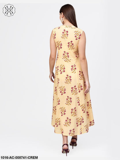Cream Multi Coloured Floral Sleeveless A- line dress with Mandarin Colour