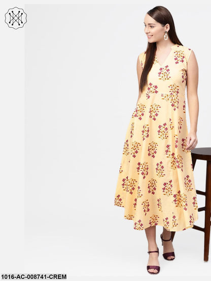 Cream Multi Coloured Floral Sleeveless A- line dress with Mandarin Colour