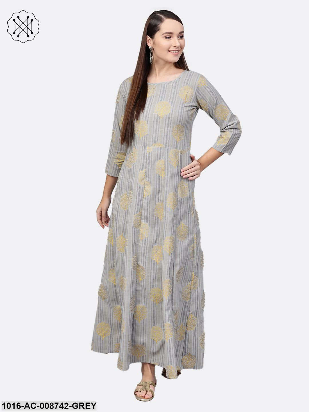 Grey Striped Gold printed maxi dress with Round Neck & 3/4 sleeves