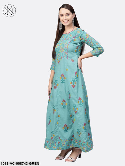 Green Multi coloured printed Maxi dress with Round neck & 3/4 sleeves