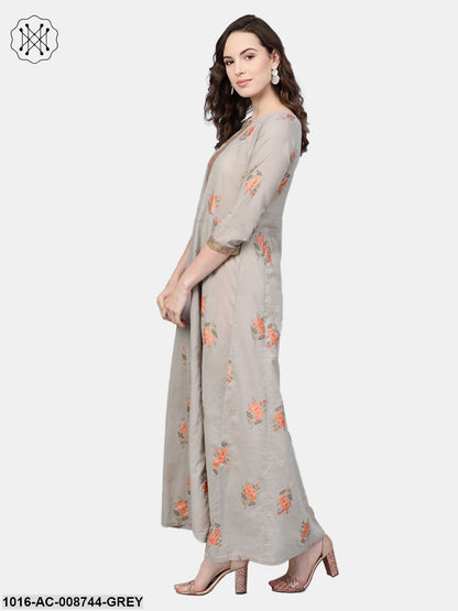 Slate Grey & peach printed Maxi dress with Round neck with V slit & 3/4 Sleeves