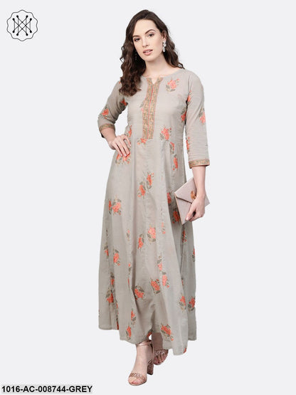 Slate Grey & peach printed Maxi dress with Round neck with V slit & 3/4 Sleeves