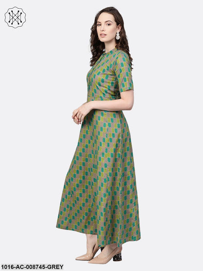 Sage green Multi coloured Geometric printed Maxi dress with Mandarin Collar & half sleeves