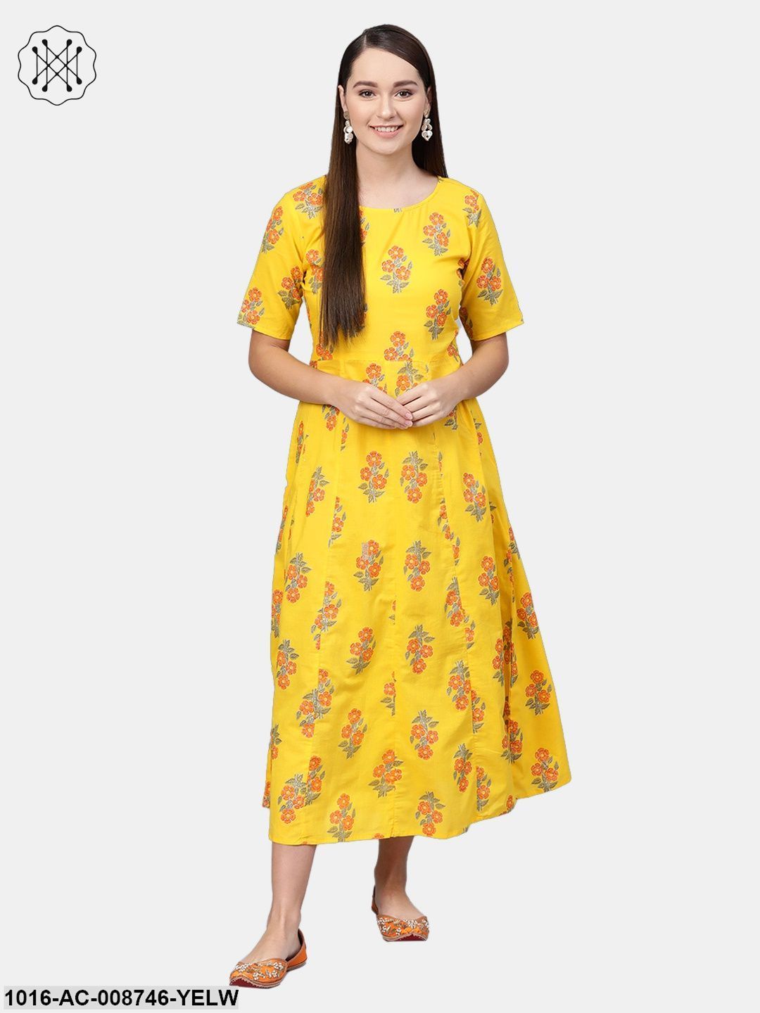 Yellow & Orange Printed maxi dress with Round neck & half sleeves
