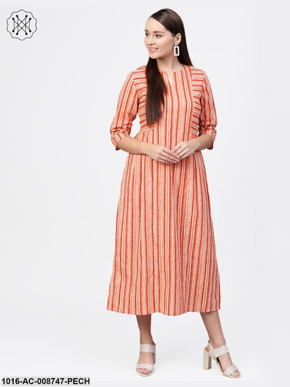 Peach Stripped Idi dress with Round Neck With V & 3/4 sleeves