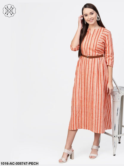 Peach Stripped Idi dress with Round Neck With V & 3/4 sleeves