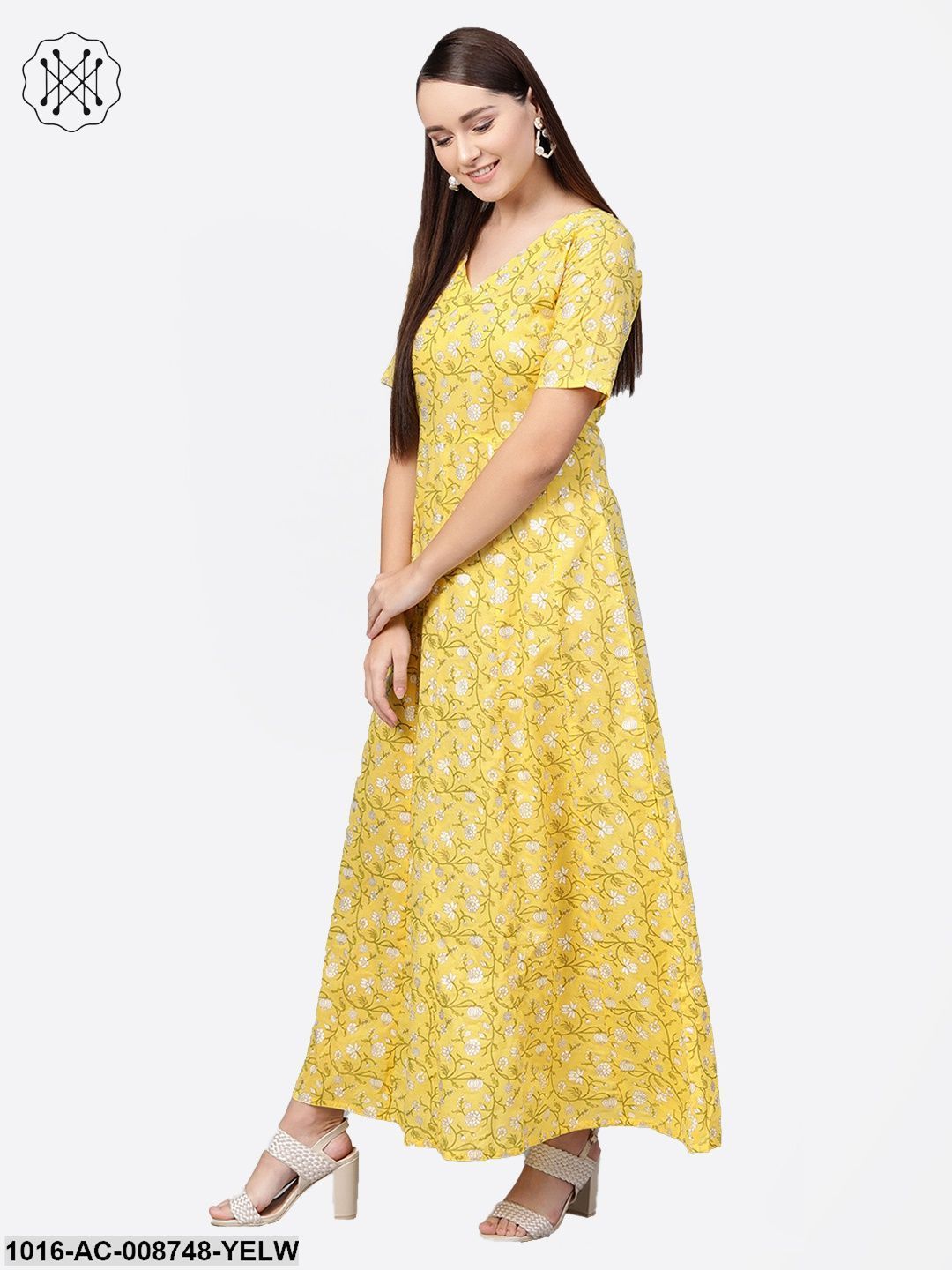 Yellow Multi coloured Floral printed maxi dress with V neck & 3/4 sleeves