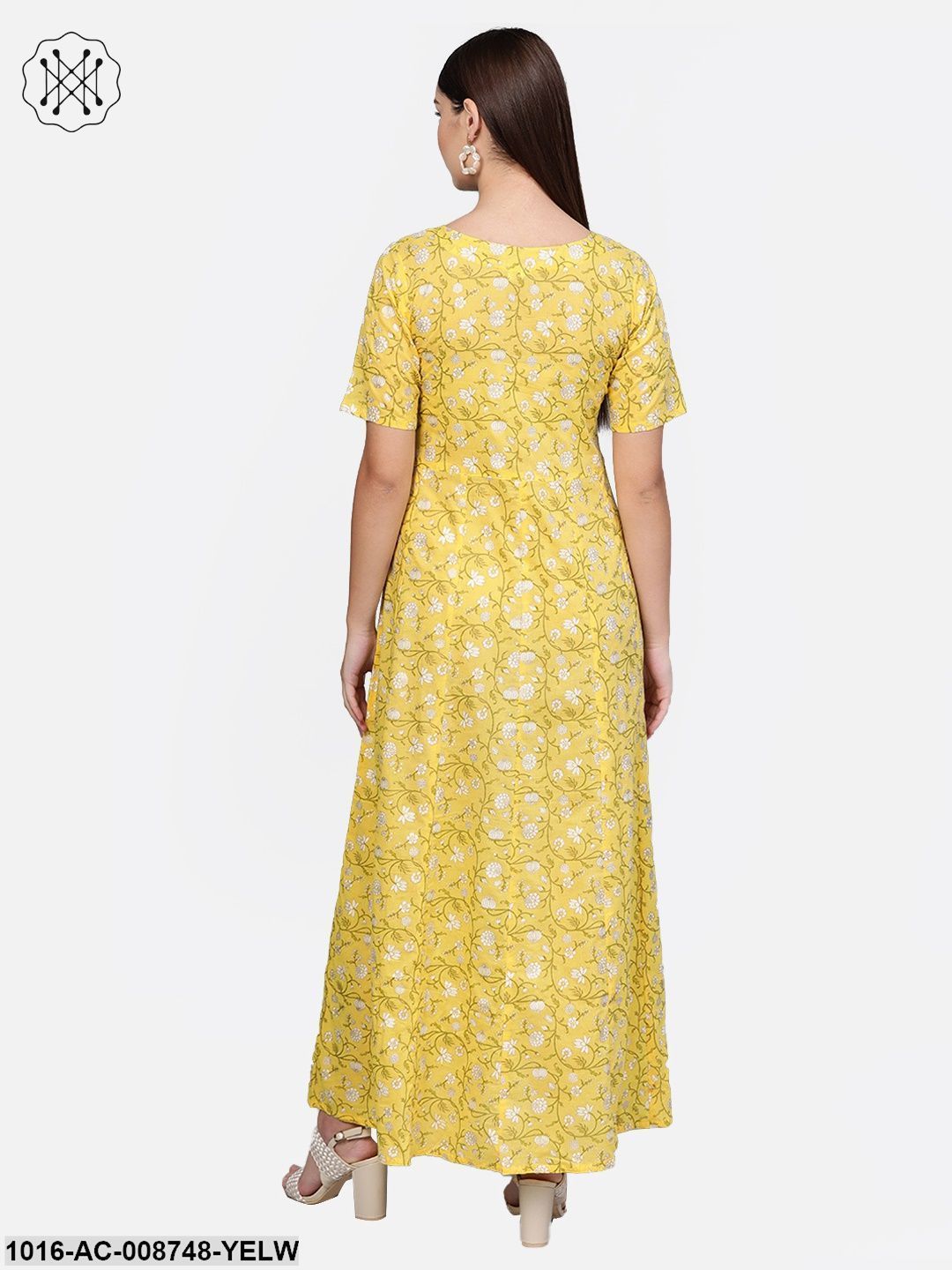 Yellow Multi coloured Floral printed maxi dress with V neck & 3/4 sleeves