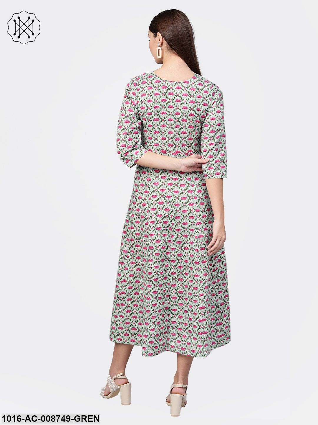 Pastel Green & Magenta Floral printed Maxi with Boat neck & 3/4 sleeves