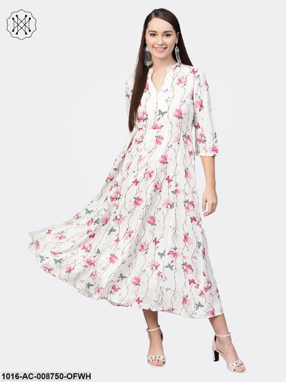 Off-White Multi coloured Floral printed Maxi dress with Mandarin collar & 3/4 sleeves