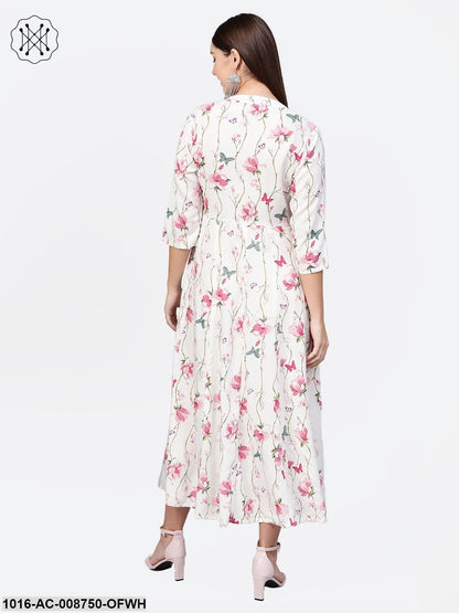Off-White Multi coloured Floral printed Maxi dress with Mandarin collar & 3/4 sleeves