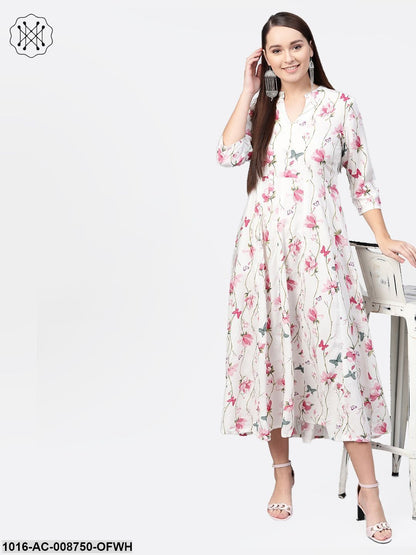 Off-White Multi coloured Floral printed Maxi dress with Mandarin collar & 3/4 sleeves