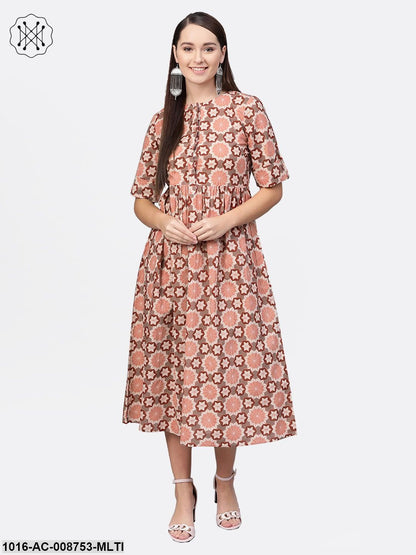 Multi coloured Geometric printed Maxi Dress with Front Placket & Half sleeves