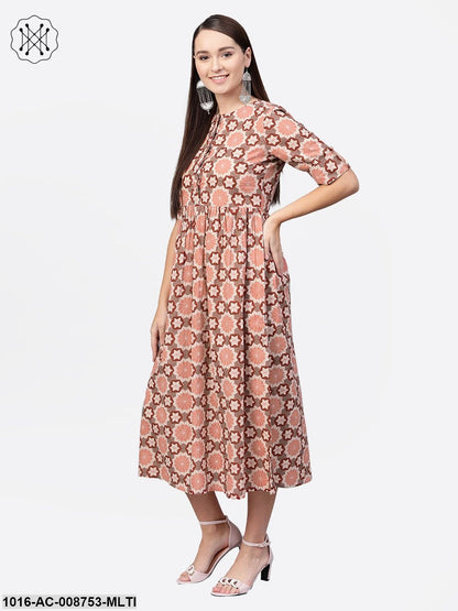 Multi coloured Geometric printed Maxi Dress with Front Placket & Half sleeves