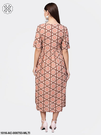Multi coloured Geometric printed Maxi Dress with Front Placket & Half sleeves