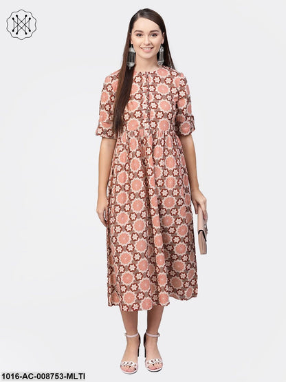Multi coloured Geometric printed Maxi Dress with Front Placket & Half sleeves