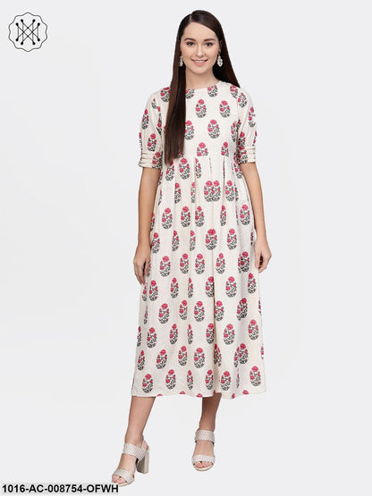 Off-White Multi Coloured Buta print Maxi Dress with Round neck & detailed Sleeves