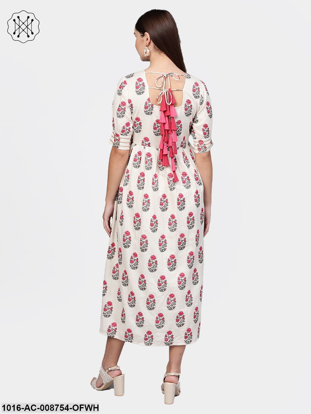 Off-White Multi Coloured Buta print Maxi Dress with Round neck & detailed Sleeves