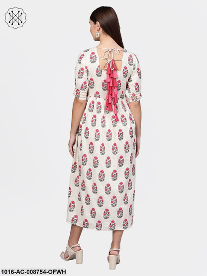 Off-White Multi Coloured Buta print Maxi Dress with Round neck & detailed Sleeves