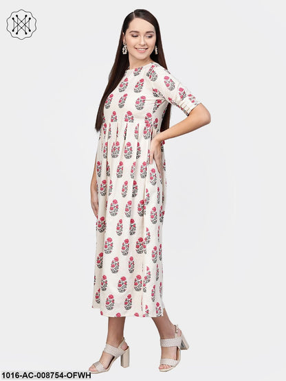 Off-White Multi Coloured Buta print Maxi Dress with Round neck & detailed Sleeves