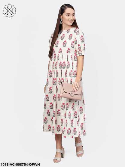 Off-White Multi Coloured Buta print Maxi Dress with Round neck & detailed Sleeves