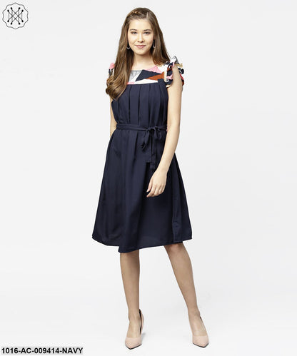Navy Blue Yoke Printed A-Line Pleated Dress With Belt