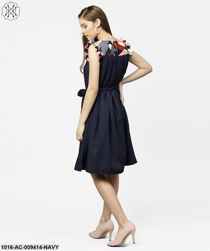 Navy Blue Yoke Printed A-Line Pleated Dress With Belt