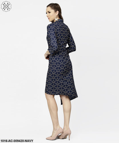 Navy Blue 3/4Th Sleeve Angrakha Style Dress