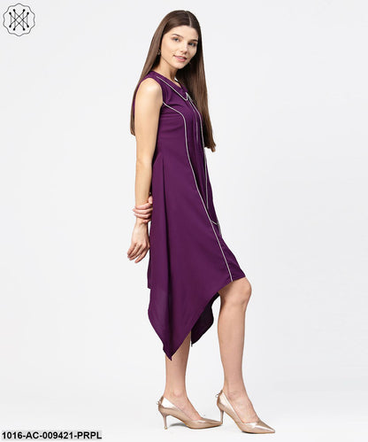 Purple Sleeveless A-Line Dress With Piping Work