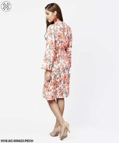 Peack Flower Print Full Sleeve A-Line Dress