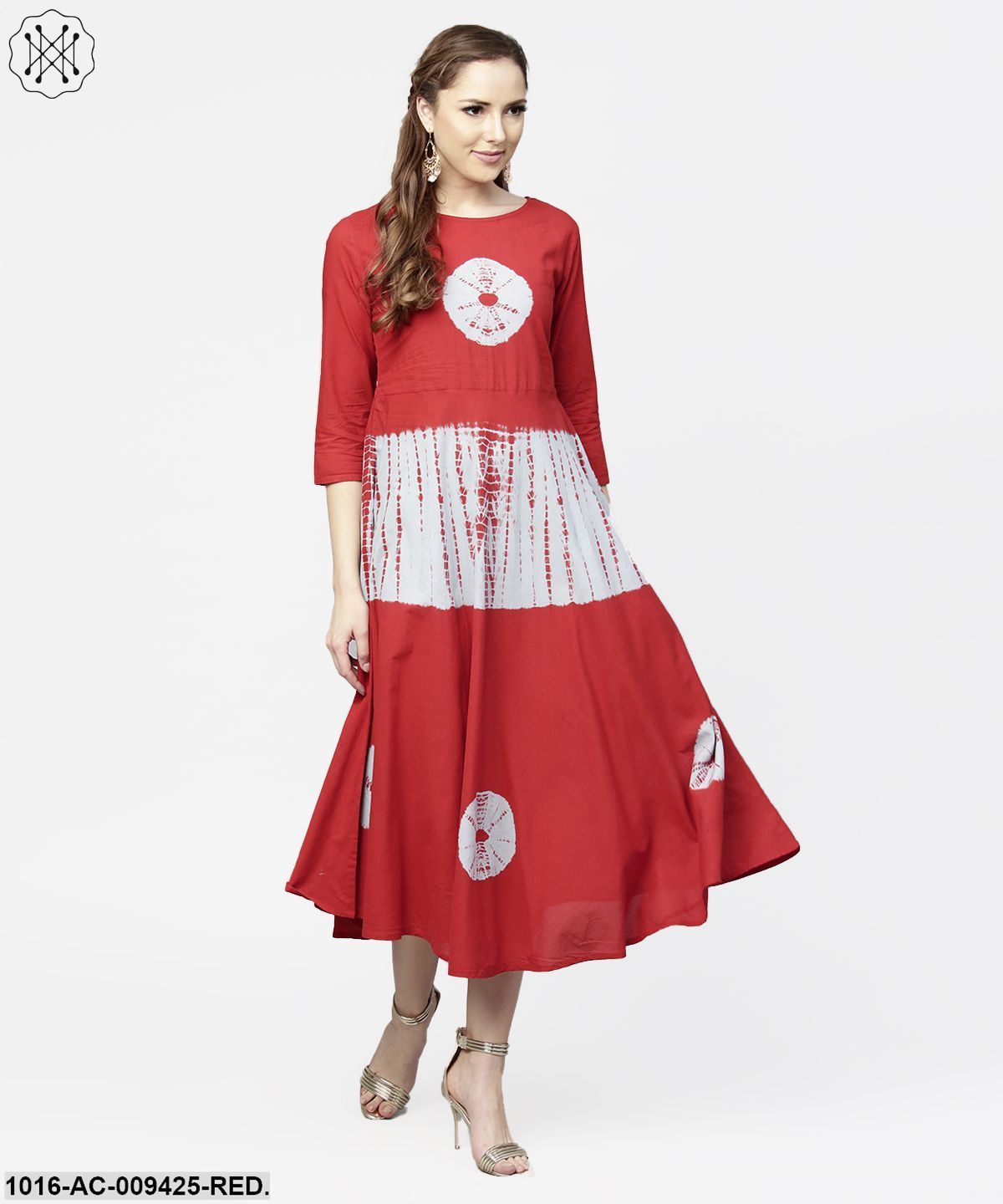Red Tye Dye 3/4Th Sleeve Cotton Maxi Dress