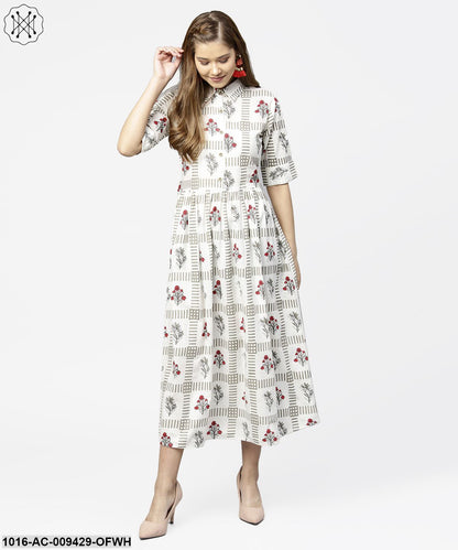 Off White Printed Half Sleeve Cotton Maxi Dress With Belt