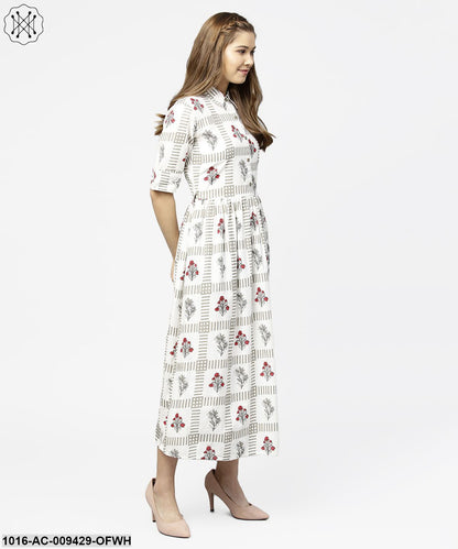 Off White Printed Half Sleeve Cotton Maxi Dress With Belt