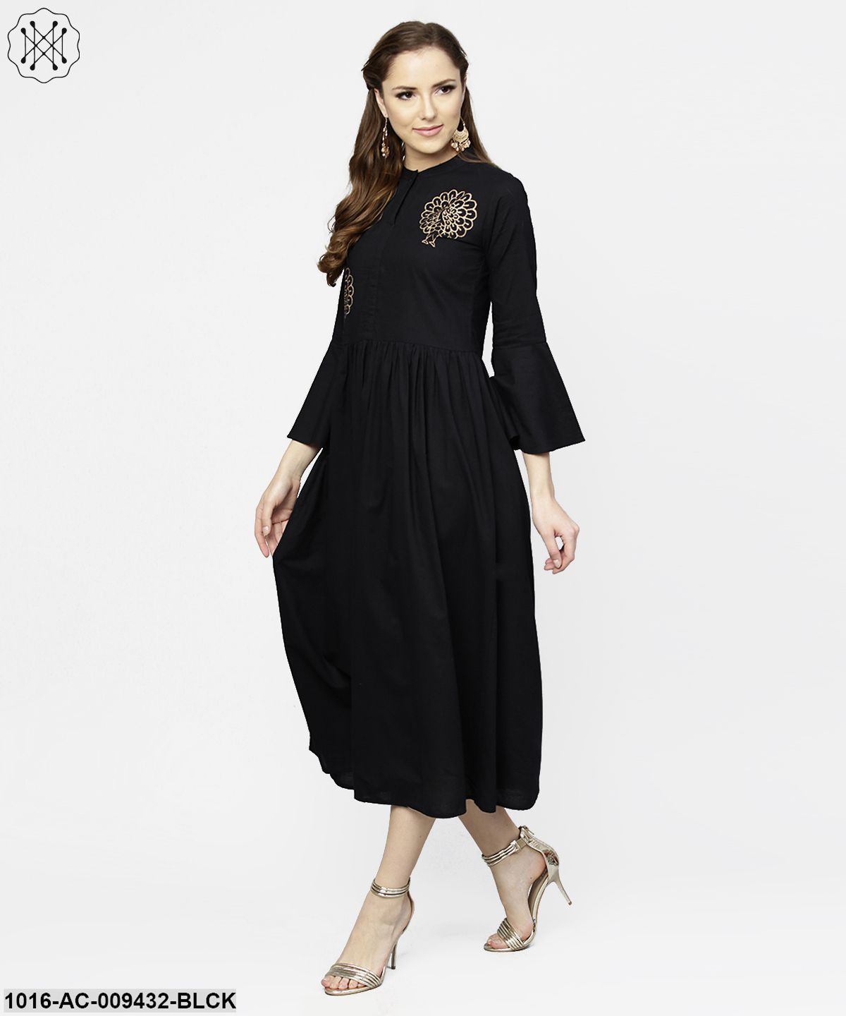 Black Full Sleeve Golden Boota Printed Cotton Maxi Dress