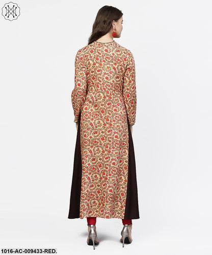 Red Printed Full Sleeve Flared Cotton Maxi Dress