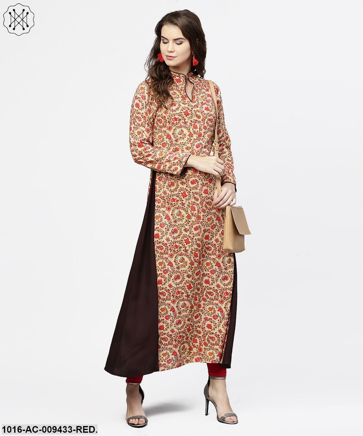 Red Printed Full Sleeve Flared Cotton Maxi Dress