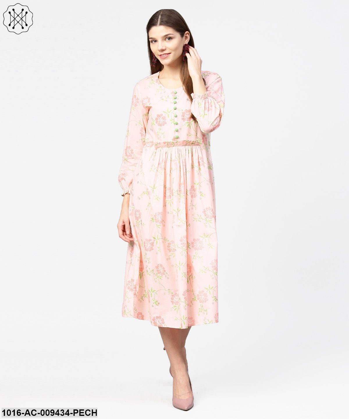 Peach Printed 3/4Th Sleeve Cotton A-Line Dress