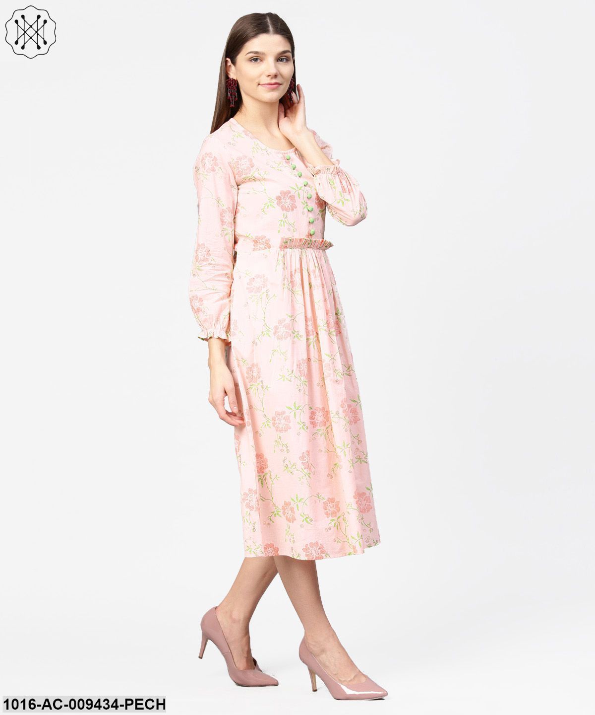 Peach Printed 3/4Th Sleeve Cotton A-Line Dress