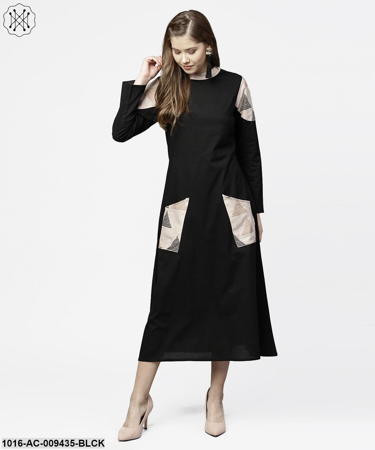 Black 3/4Th Sleeve Cotton Maxi Dress With Double Pocket