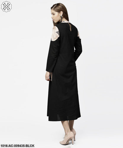 Black 3/4Th Sleeve Cotton Maxi Dress With Double Pocket