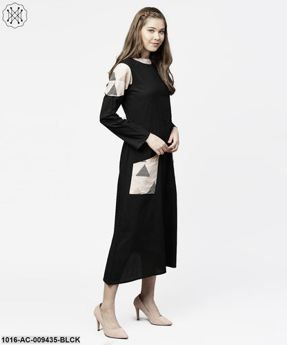 Black 3/4Th Sleeve Cotton Maxi Dress With Double Pocket
