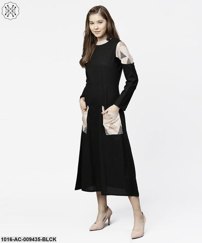 Black 3/4Th Sleeve Cotton Maxi Dress With Double Pocket