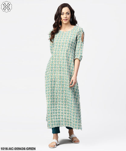 Green Printed 3/4Th Sleeve Cotton Maxi Dress