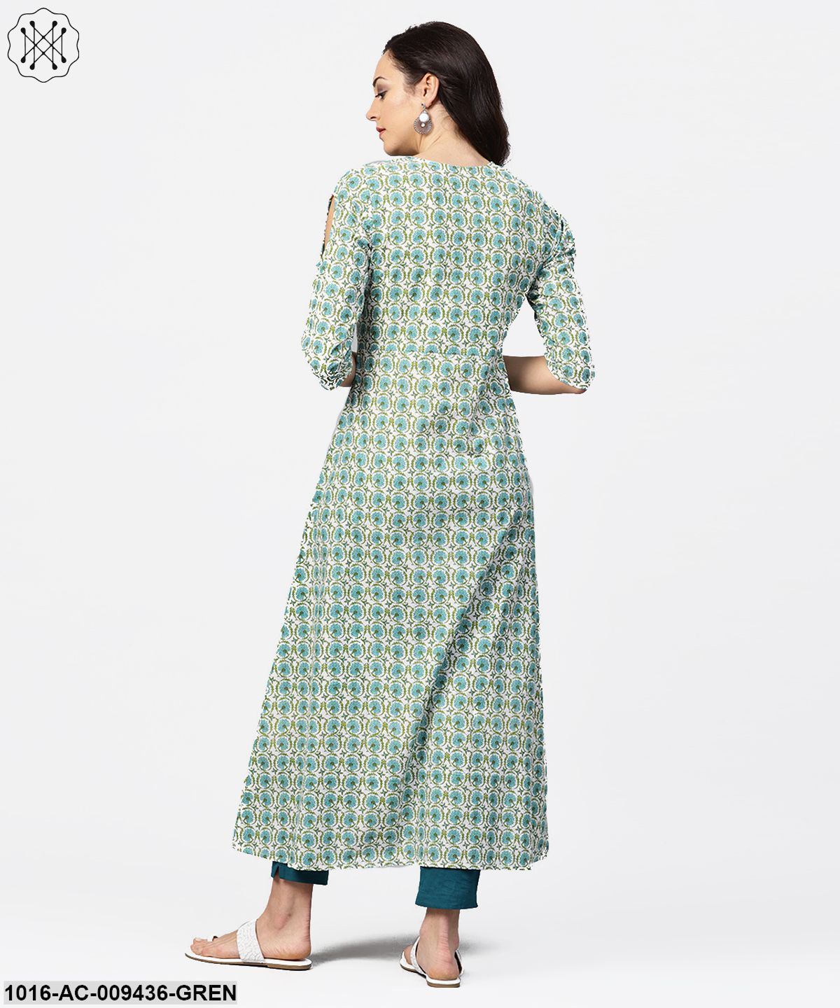 Green Printed 3/4Th Sleeve Cotton Maxi Dress