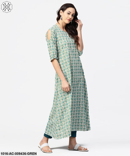 Green Printed 3/4Th Sleeve Cotton Maxi Dress
