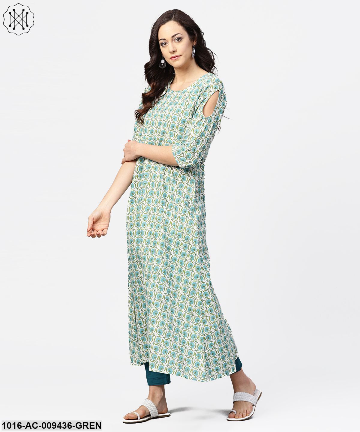 Green Printed 3/4Th Sleeve Cotton Maxi Dress