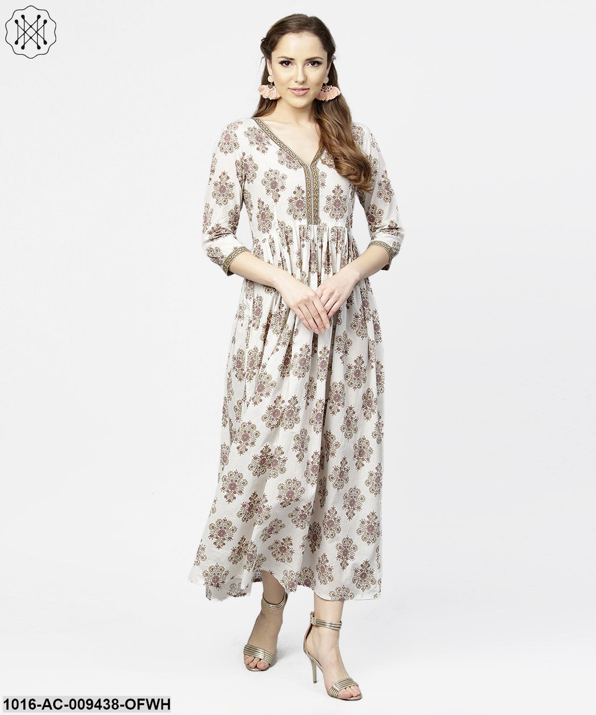 Off White Printed 3/4Th Sleeve Cotton Maxi Dress