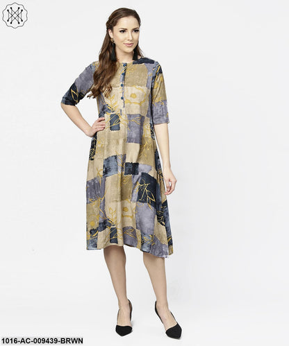 Brown & Blue Printed Half Sleeve Cotton A-Line Dress