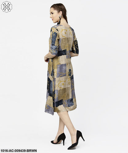 Brown & Blue Printed Half Sleeve Cotton A-Line Dress